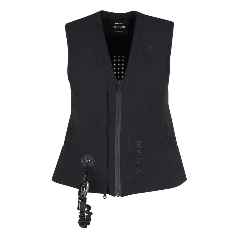 Racesafe VeloAir Adult: Black sleeveless equestrian air vest with front zipper and coiled cord.