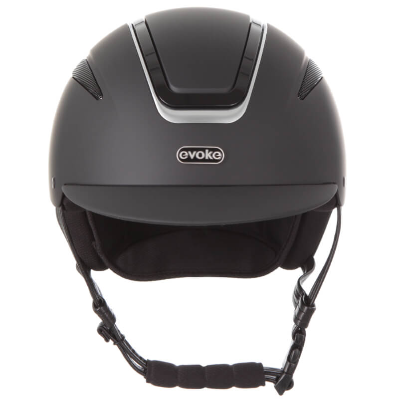 Evoke Callisto Classic Peak Black/Silver helmet, PAS 015 2011, front view with chin strap.