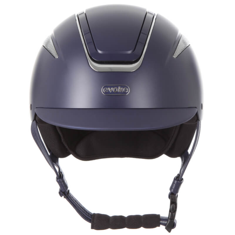 Front view of Evoke Callisto Classic Peak Navy/Chrome riding helmet with chin strap and logo.