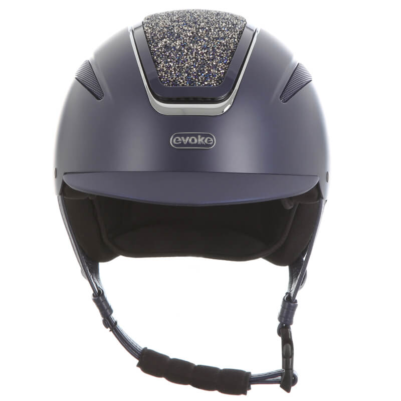 Evoke Callisto Classic Peak Navy riding helmet with navy crystal panel and chin strap.
