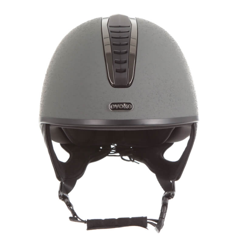 Evoke Orion Jockey Skull helmet in slate/black/gunmetal, shown from the front.