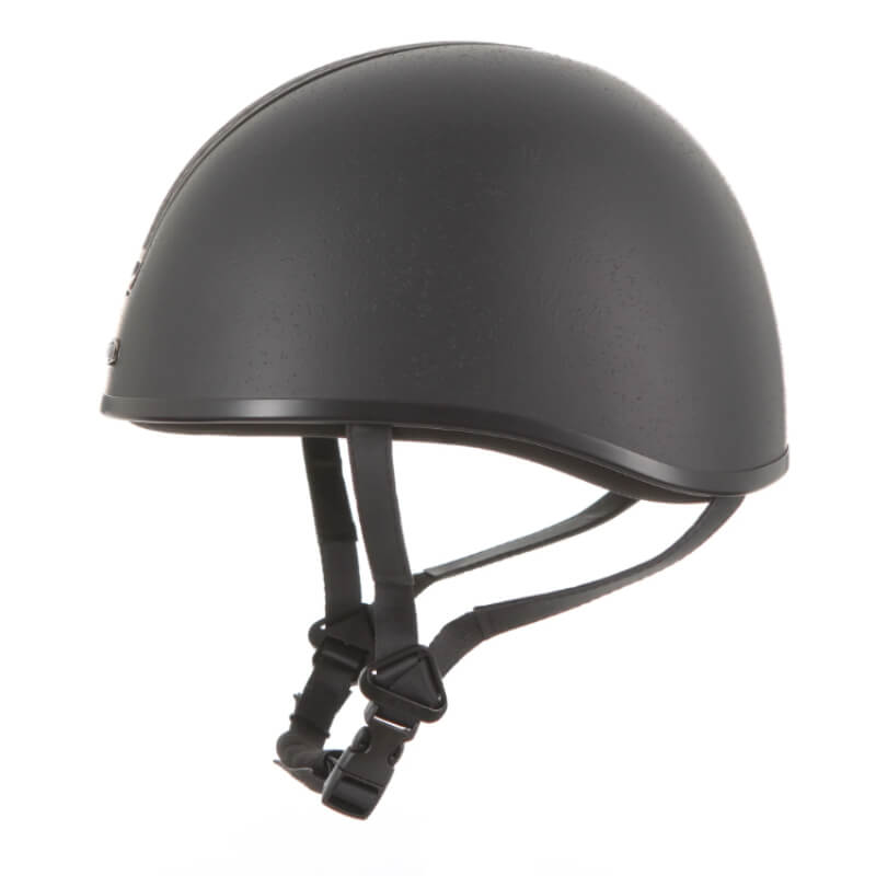 Evoke Orion JS4K Jockey Skull Black helmet with adjustable chin straps, side profile view.