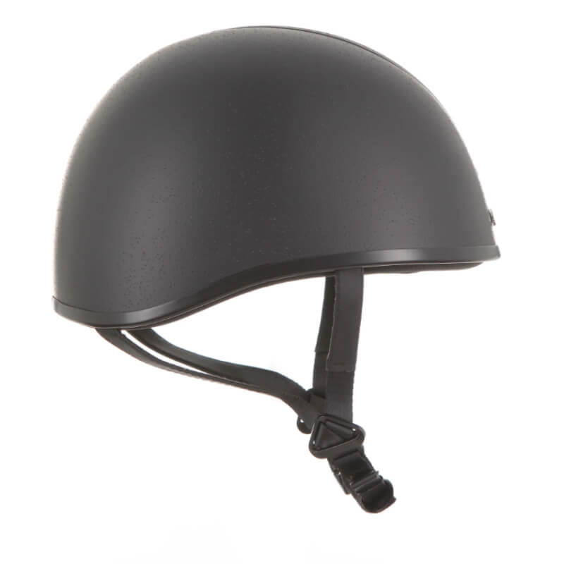 Evoke Orion JS4K Jockey Skull Black helmet with adjustable chin strap, shown from the side.