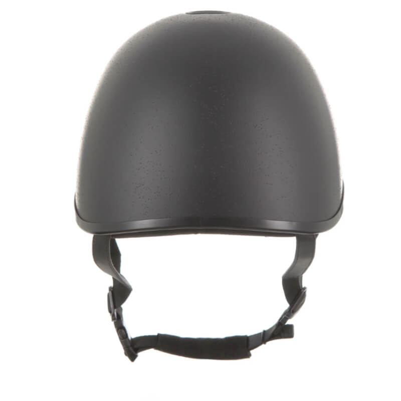 Evoke Orion JS4K Jockey Skull helmet in black with chin straps, front view.