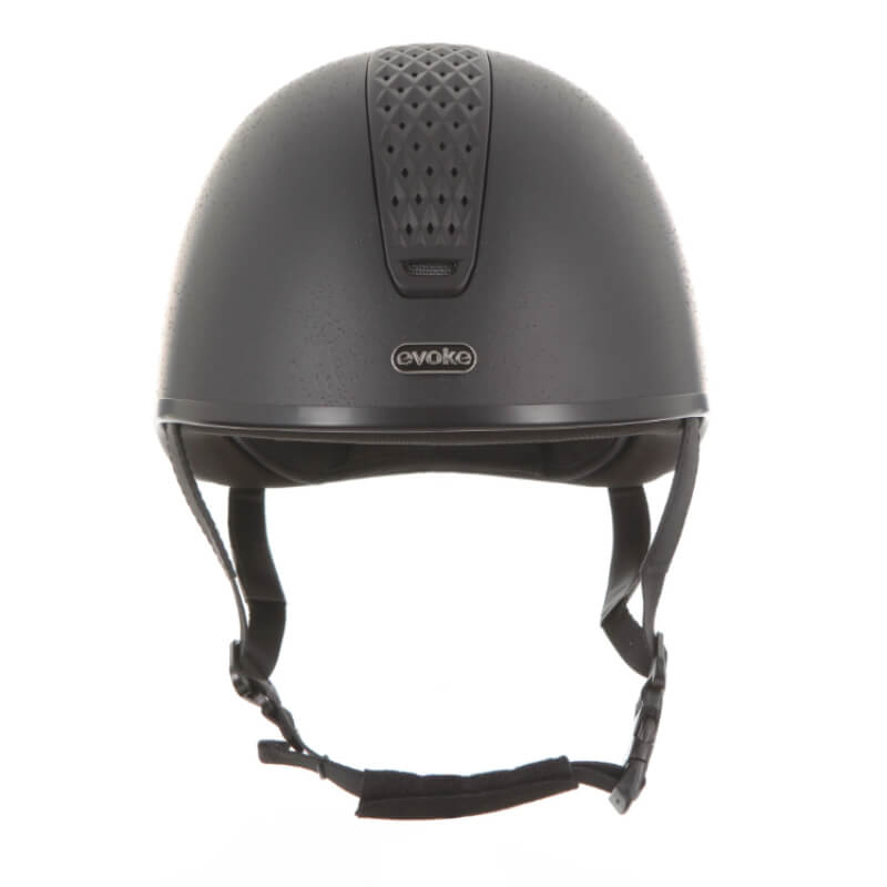 Evoke Orion JS4K Jockey Skull Black helmet with vent panel and adjustable chin strap, front view.