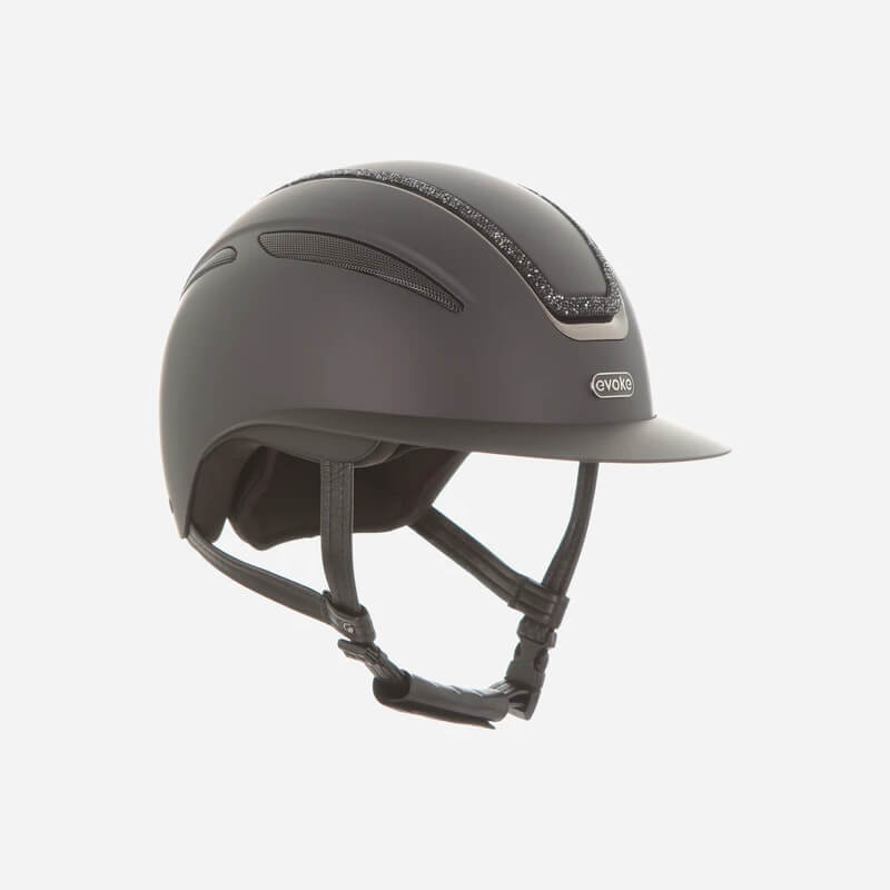 Evoke Callisto Wide Peak Black Equestrian Helmet with chin strap and vents, by Evoke.