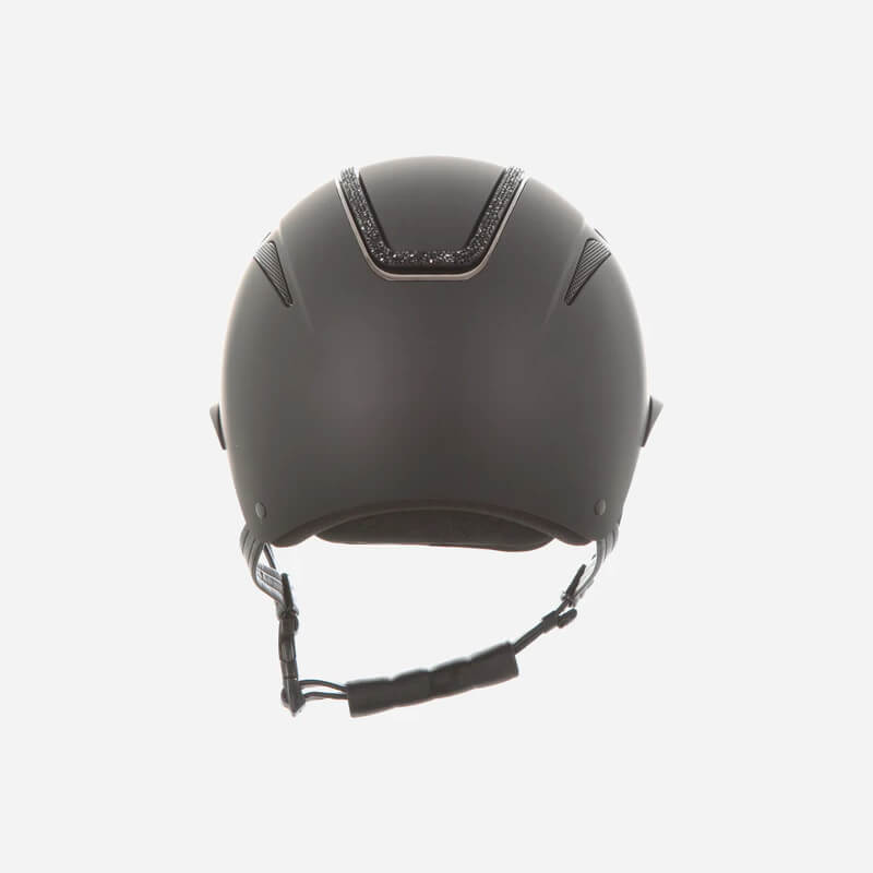 Evoke Callisto Wide Peak Black/Black Crystal Frame riding helmet, back view on white.