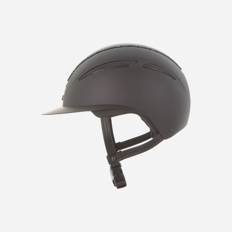 Evoke Callisto Wide Peak black helmet with black crystal frame, side view on white.