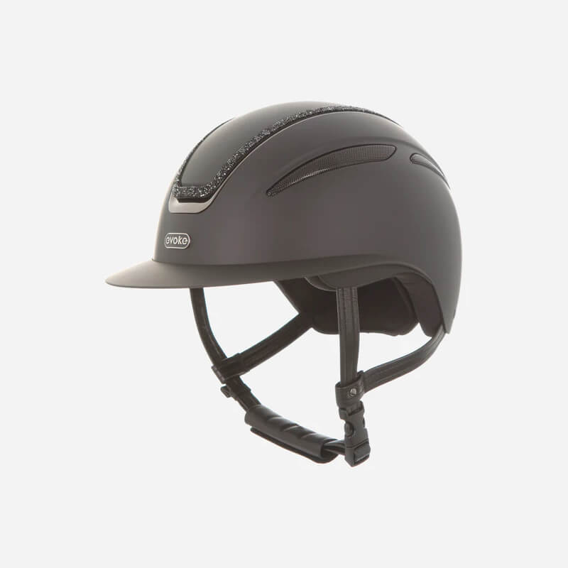 Evoke Callisto Wide Peak Black/Crystal Equestrian Riding Helmet with chin strap shown.