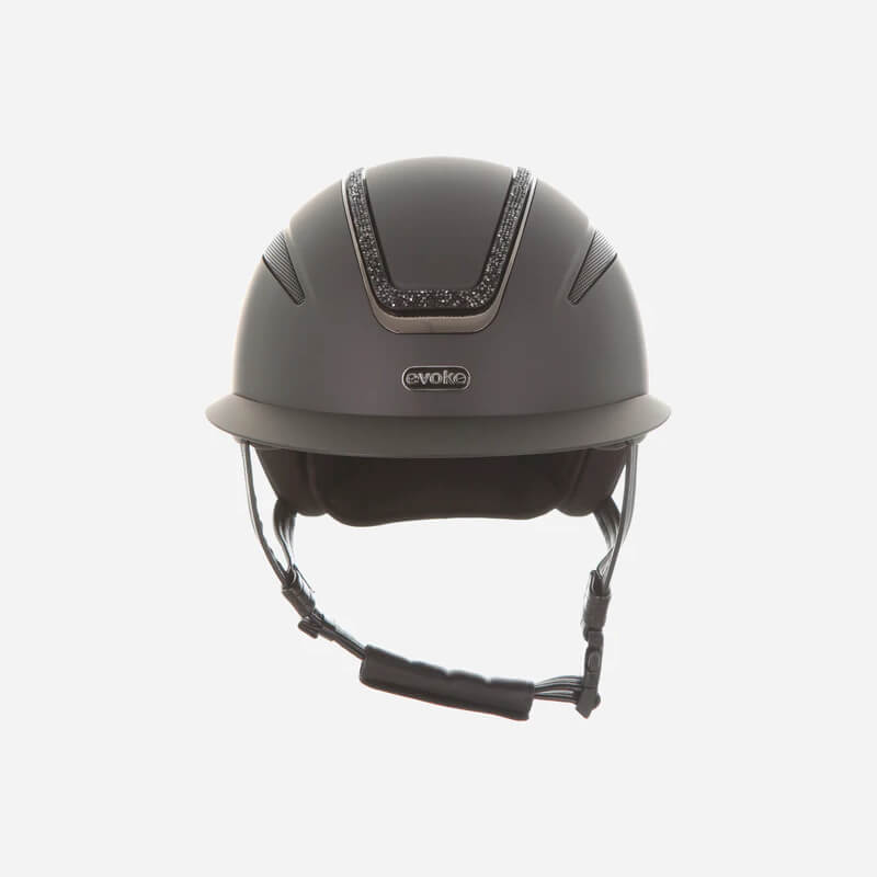 Evoke Callisto Wide Peak Black/Black Crystal Frame riding helmet with chin strap and crystals.