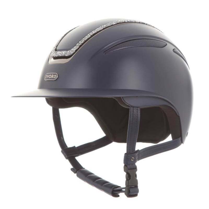 Evoke Callisto Classic Peak Navy/Silver Crystal Frame Riding Helmet with chin strap.