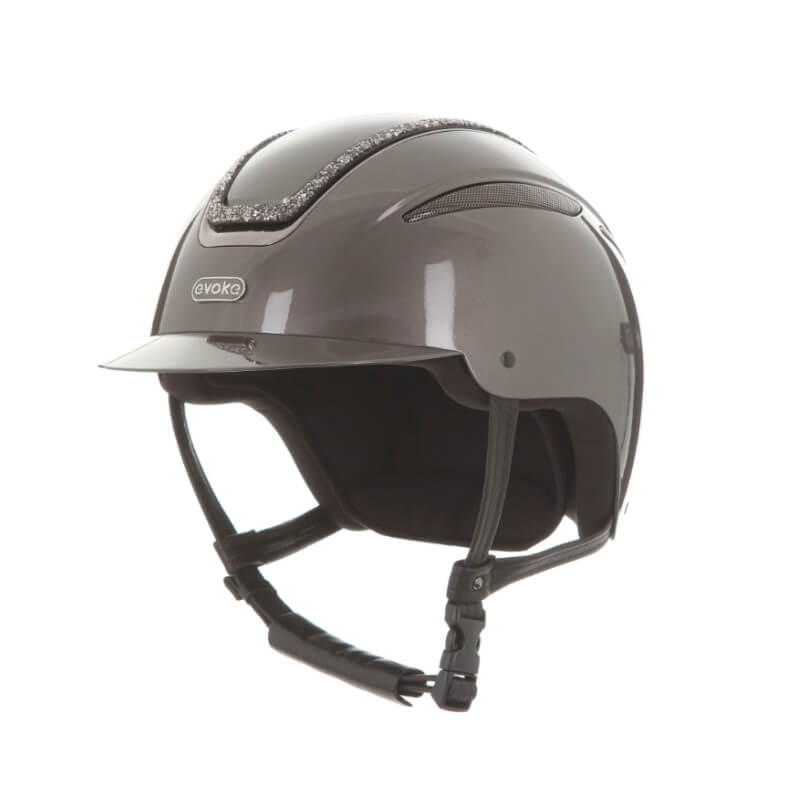 Evoke Callisto Wide Peak metallic graphite riding helmet with chin strap and small visor.