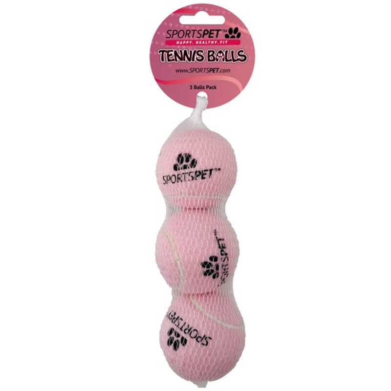 Sportspet 3 Pack Tennis Ball Pink—three high-bounce balls in a white mesh bag.
