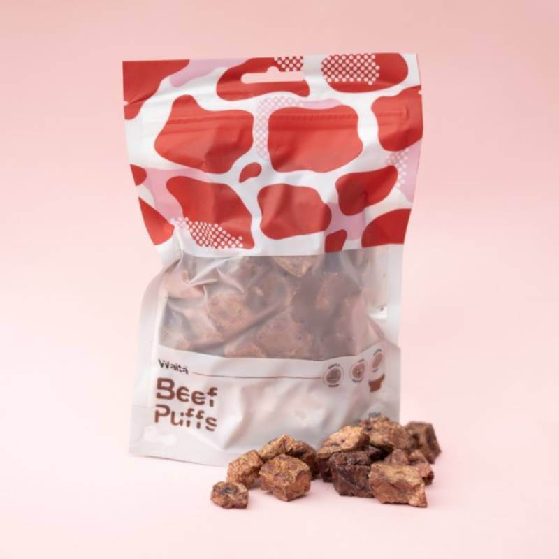 Waita Air Dried Beef Puffs Dog &amp; Cat 70g bag with 100% beef lung treats shown in front.