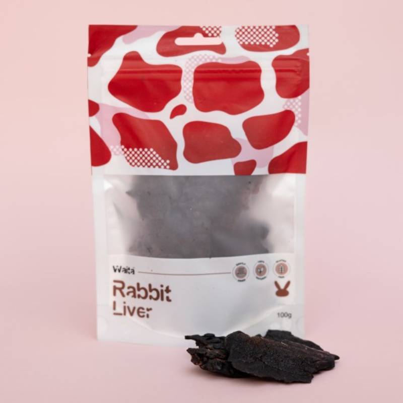 Waita Air Dried Rabbit Liver Dog &amp; Cat Treats 100g, single protein, on a pink background.
