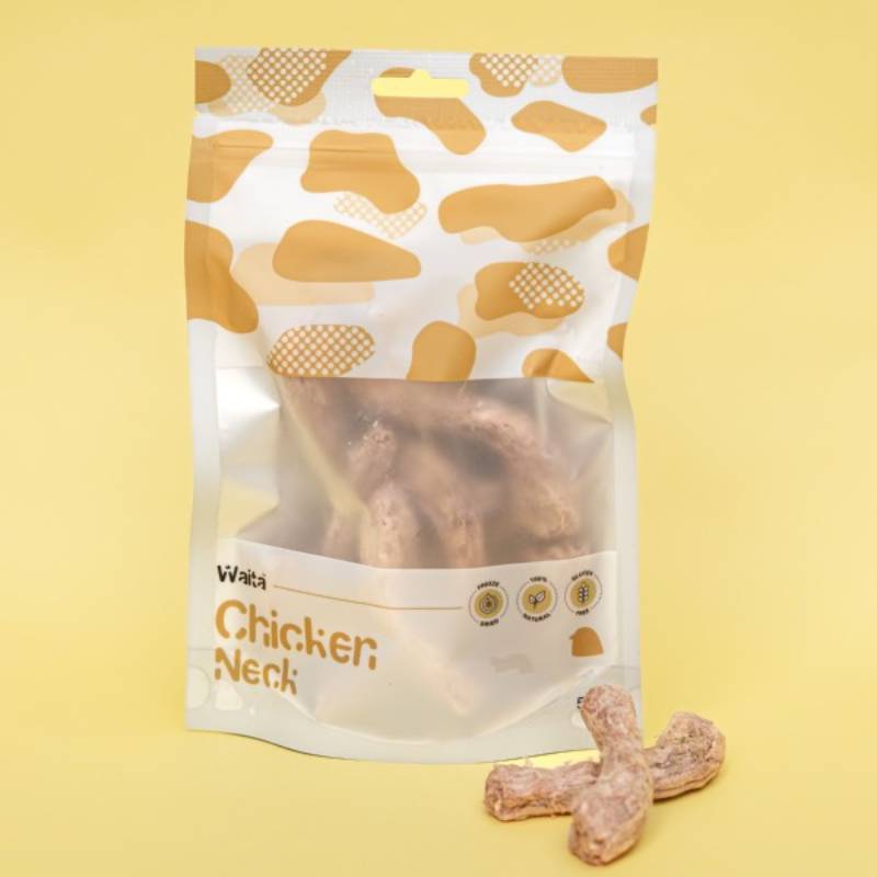 Waita Freeze Dried Chicken Neck Dog &amp; Cat 50g, two pieces shown on yellow background.
