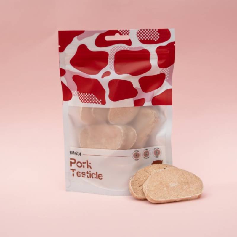 Waita Freeze Dried Pork Testicle Dog &amp; Cat 30g, single-ingredient treat on pink background.