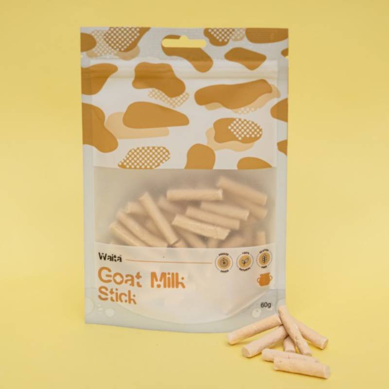 Waita Freeze Dried Goat Milk Stick Dog &amp; Cat 60g by Waita, on a yellow background.