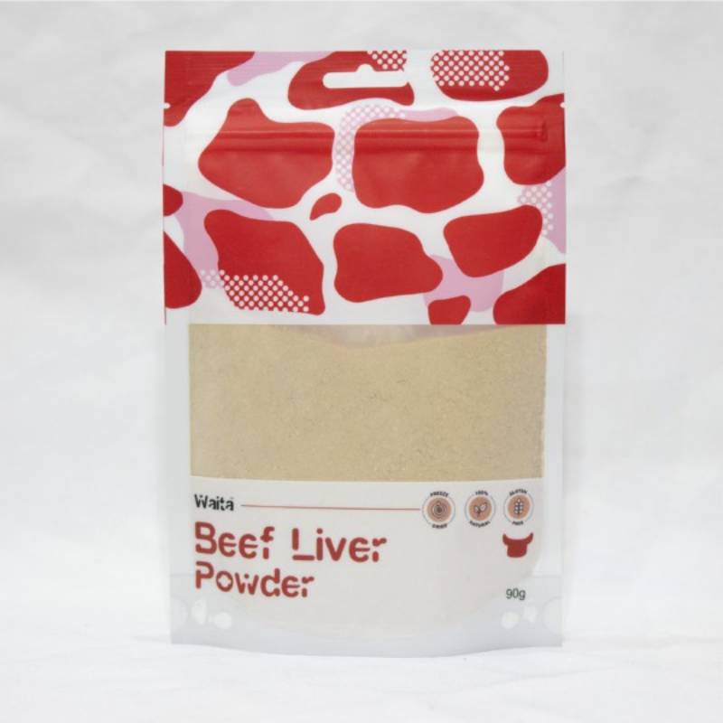 Waita Freeze Dried Beef Liver Powder Dog &amp; Cat 90g in a red cow-print pouch.