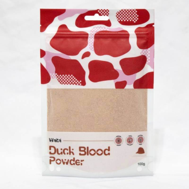 Waita Freeze Dried Duck Blood Powder 100g, in a sealed red &amp; white pouch for dogs &amp; cats.