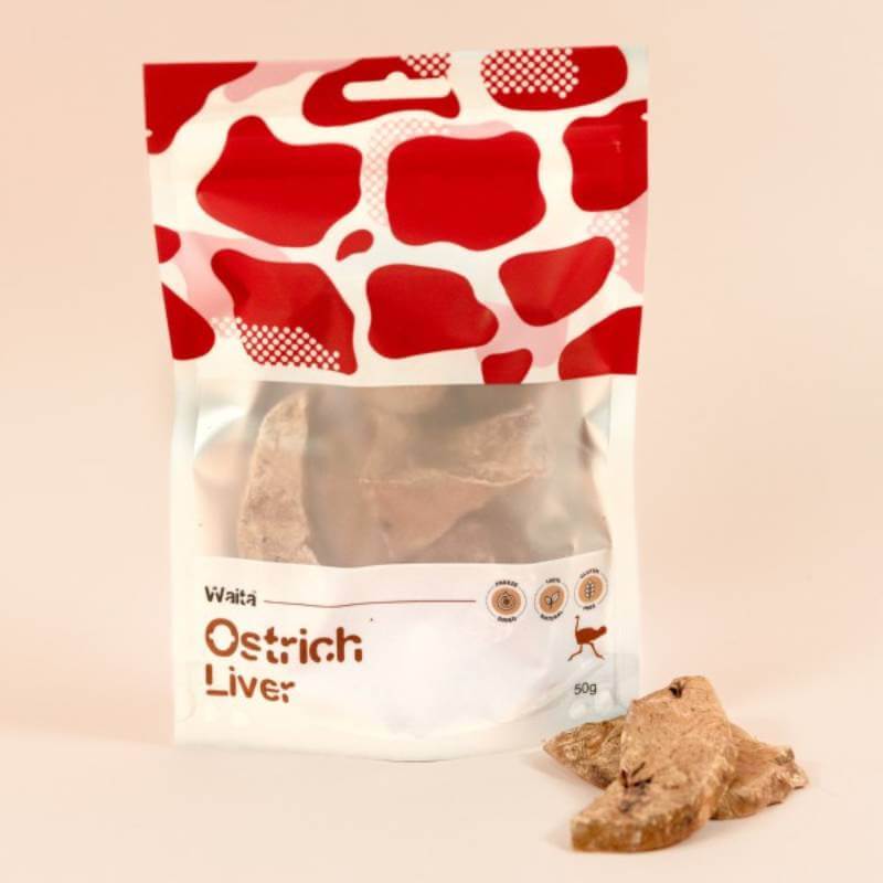 Waita Freeze Dried Ostrich Liver Dog &amp; Cat 50g bag, one piece outside, labeled Ostrich Liver.