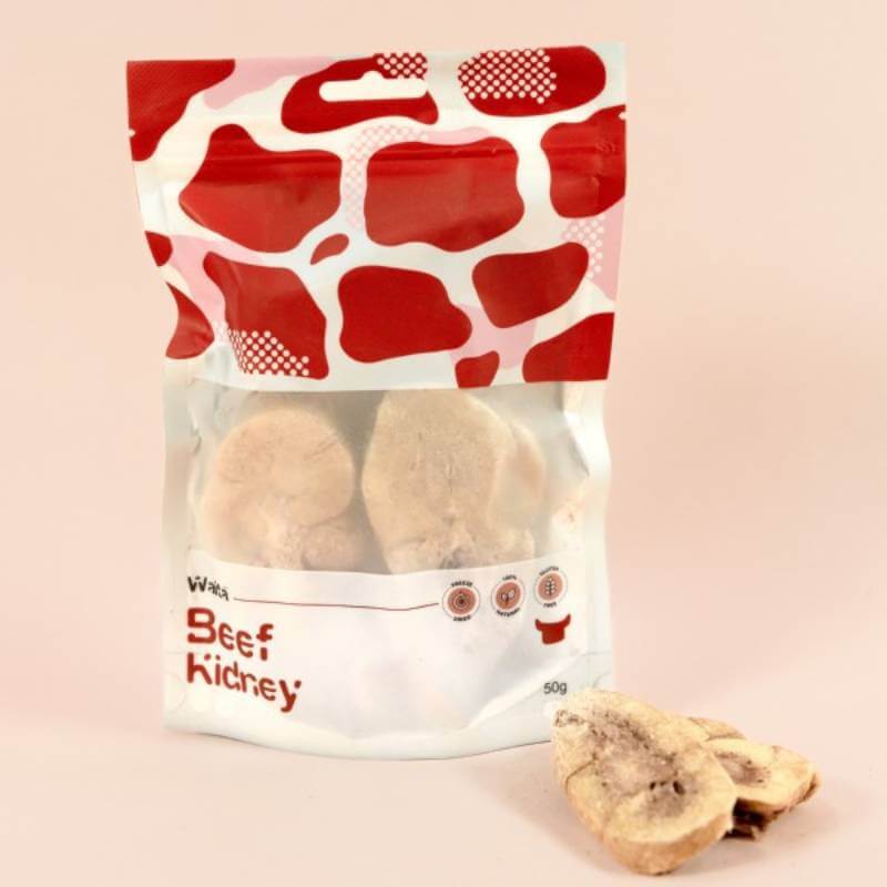Waita Freeze Dried Beef Kidney 50g, single-ingredient pet treat, two dried pieces in bag.