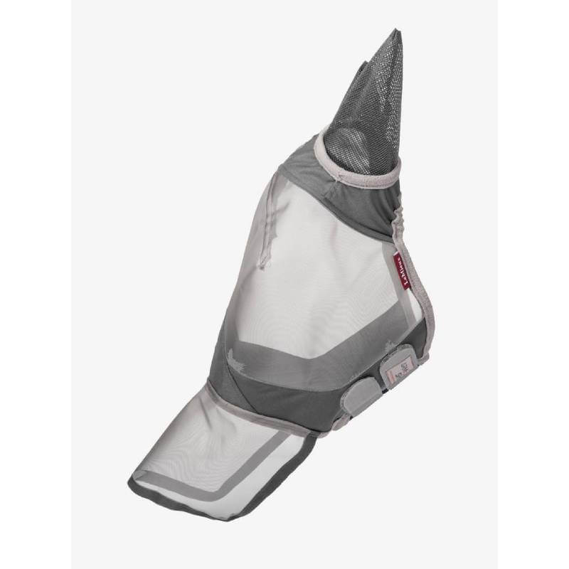 LeMieux Armourshield Pro Full Fly Mask Grey shields horse's ears and face from UV rays and insects.