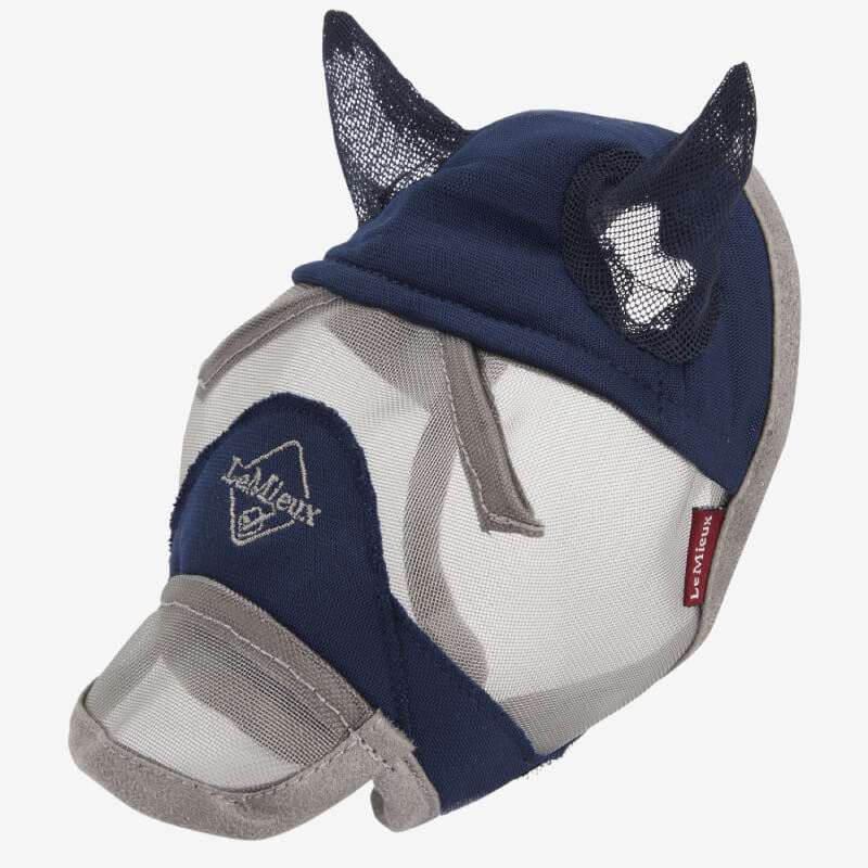 LeMieux Toy Pony Fly Mask Grey/Navy with ear and nose cover, logo on front.