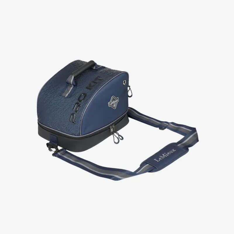 LeMieux Elite Pro Hat Bag Navy with shoulder strap, handle, and PRO KIT text.