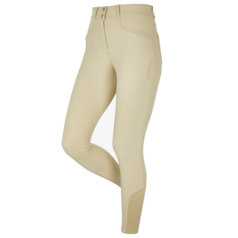 LeMieux Freya Pro Breeches Beige feature high waist, knee grip, and belt loops on white background.