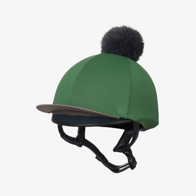 LeMieux Classique Pom Hat Silk in hunter green with black pom-pom and matching strap.