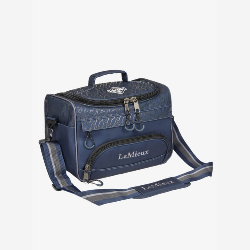LeMieux Elite ProKit Lite Grooming Bag Navy with zips, handle, strap, and gold pattern.