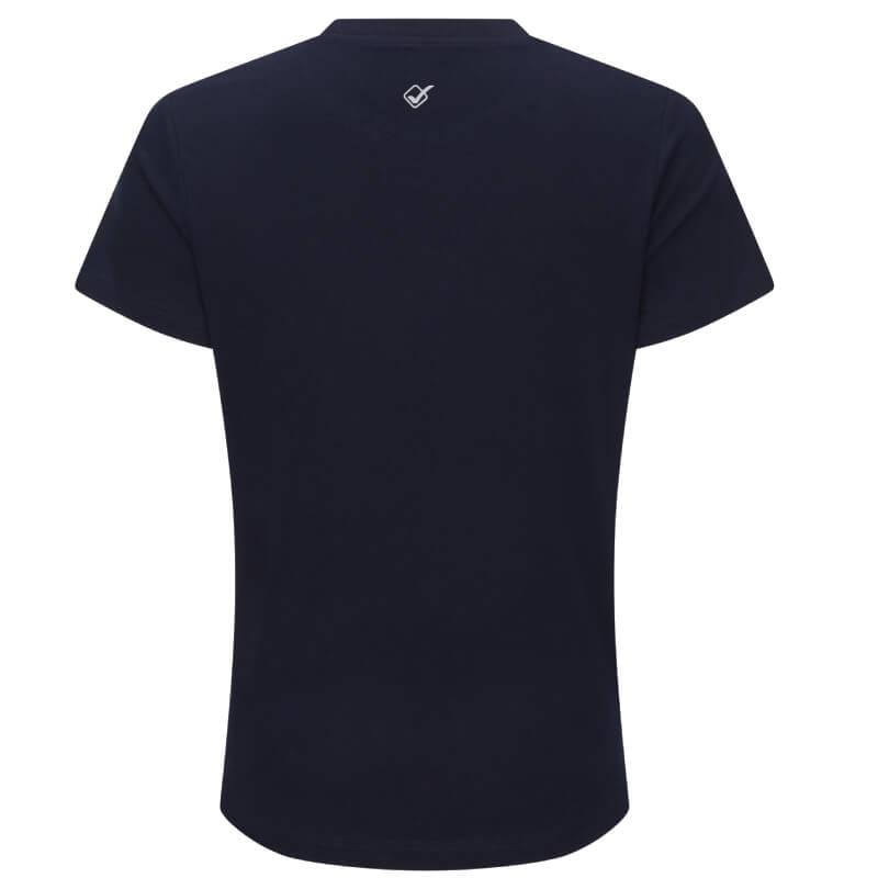 Back view of the Lemieux Sports T-Shirt Navy with sweat-wicking tech and white neck logo.