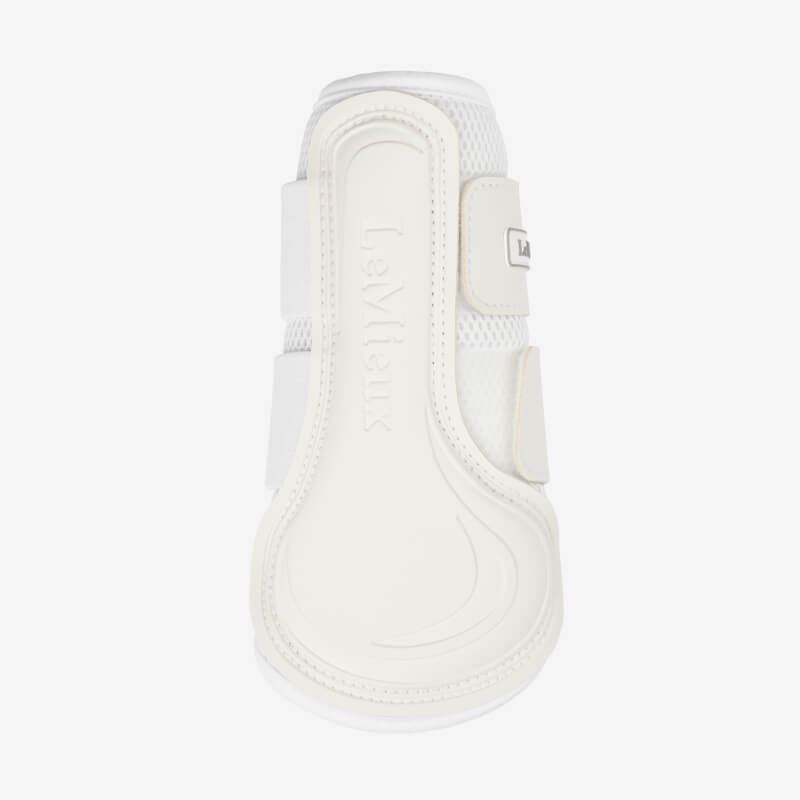 LeMieux Mesh Brushing Boot White offers equine leg protection with Velcro straps, front view.