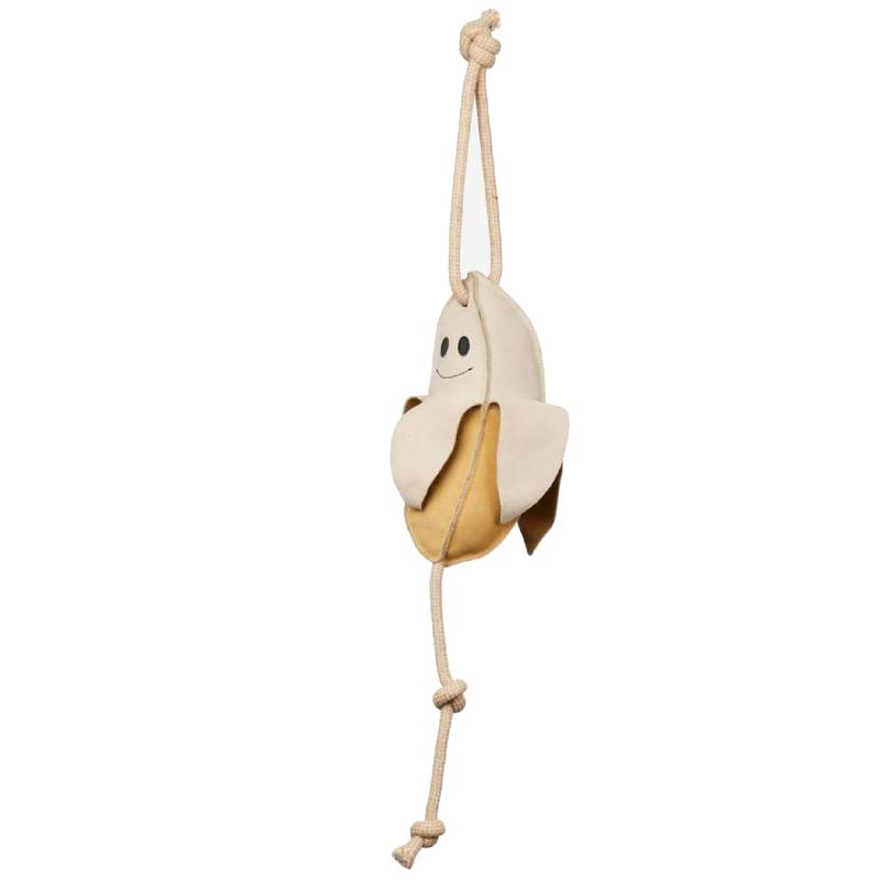 LeMieux Horse Toy Banana—a fun boredom breaker with a smiley face and knotted rope.