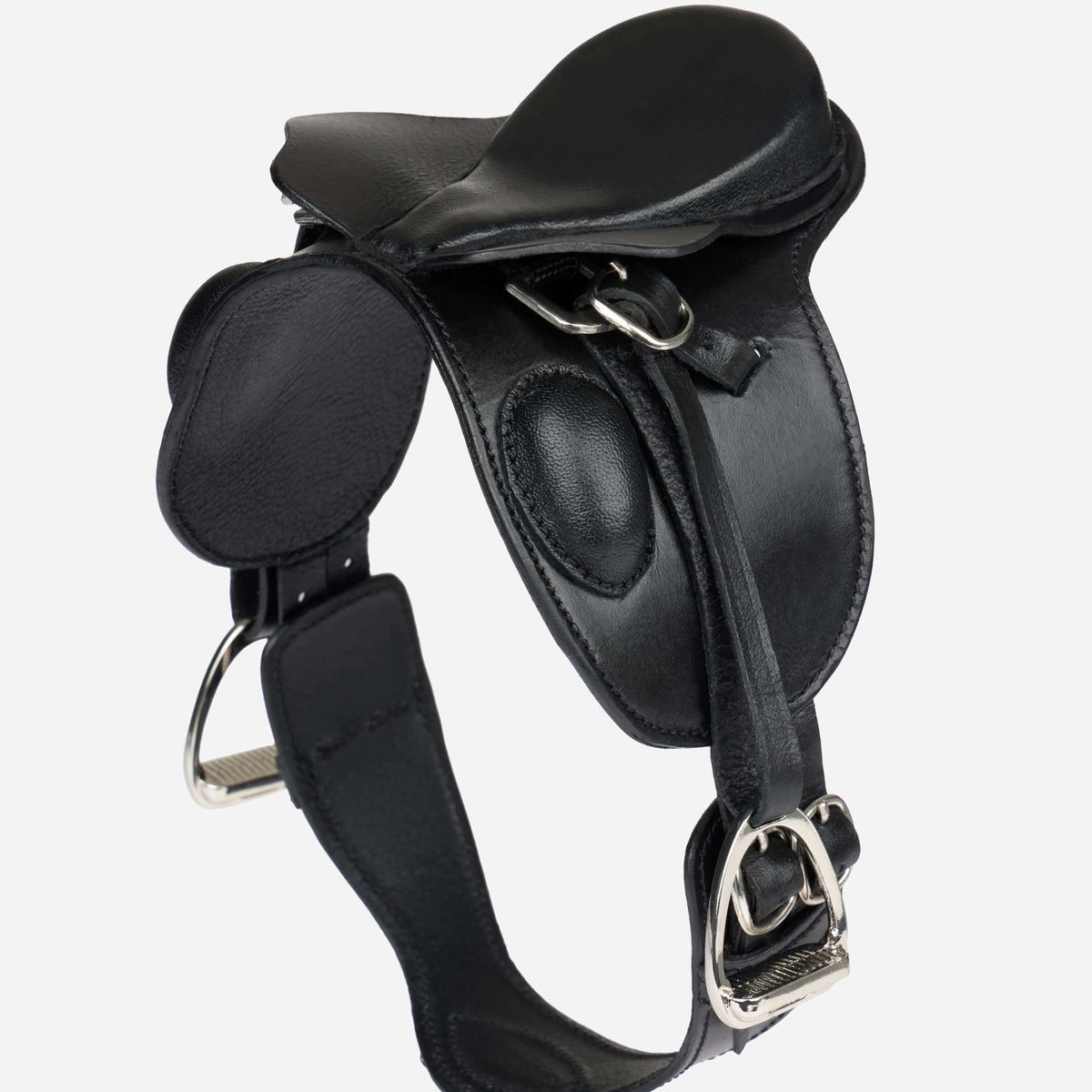 LeMieux Toy Pony Dressage Saddle Black with silver fittings on a white background.