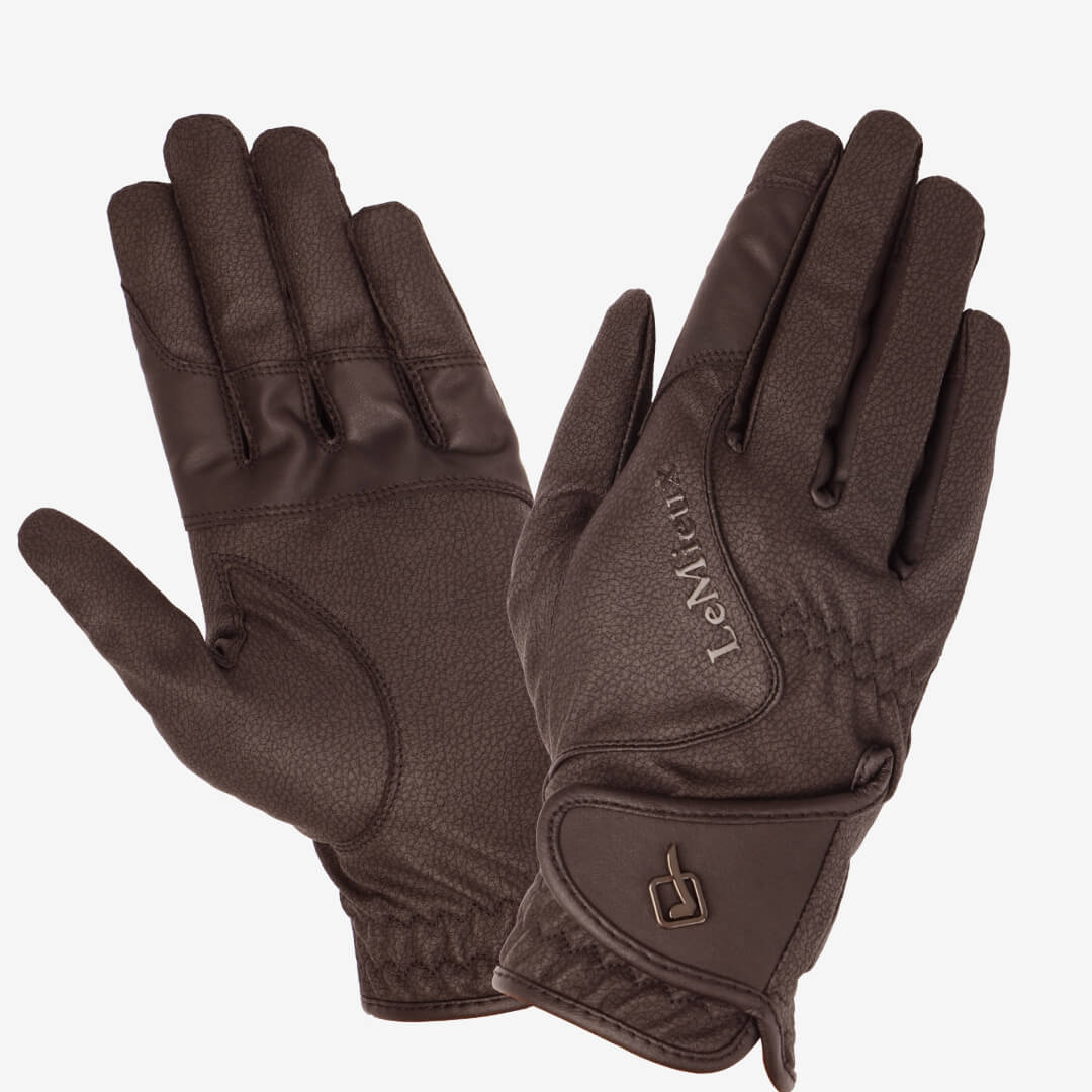 LeMieux Close Contact Glove Brown—textured grip, Velcro cuffs, premium leather riding gloves.