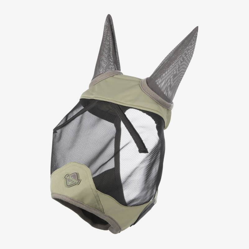 LeMieux Visor-Tek Half Fly Mask Fern: breathable mesh with ear covers & Velcro closure.