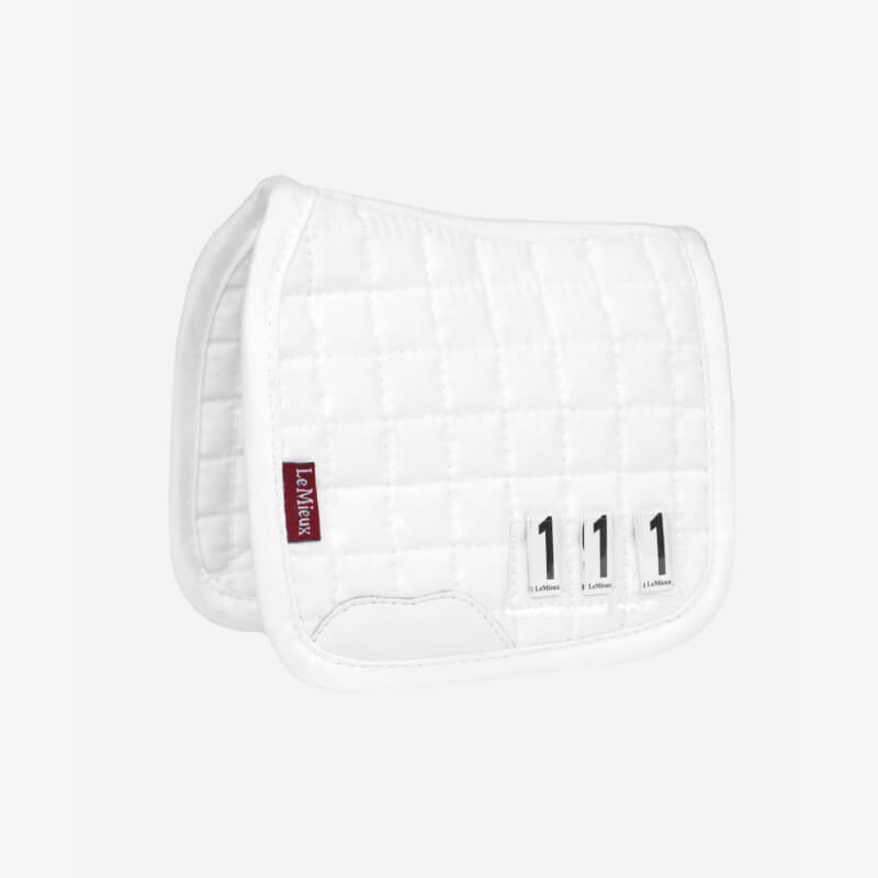 LeMieux Toy Pony Dressage Square White with three number tags and a red LeMieux label.