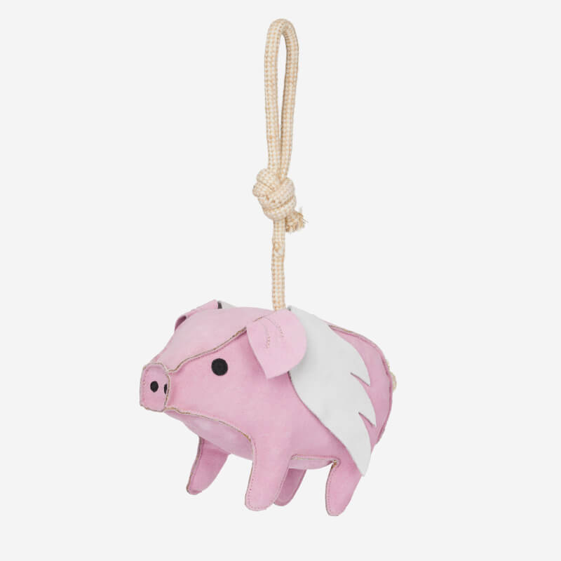 LeMieux Lemieux Horse Toy Flying Pig: a pink plush pig with white wings and a rope on its back.