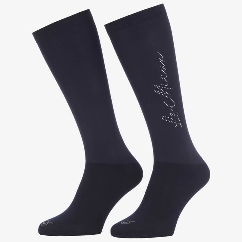 A pair of navy LeMieux Sparkle Competition Socks with cursive writing on the side.