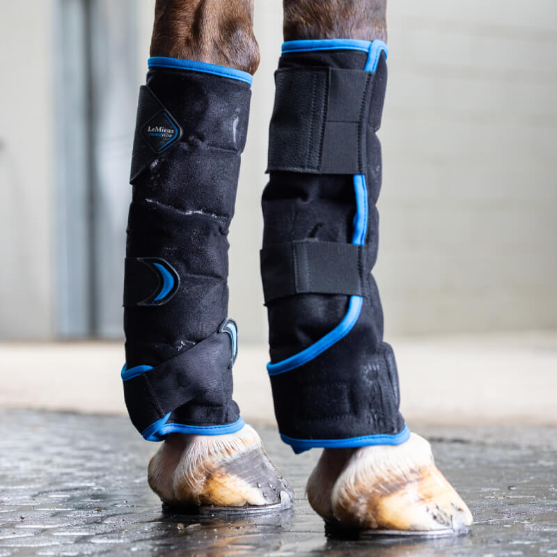 A horse's front legs in LeMieux Freeze Flow Ice Boot Front Black Onesize on a stable floor.