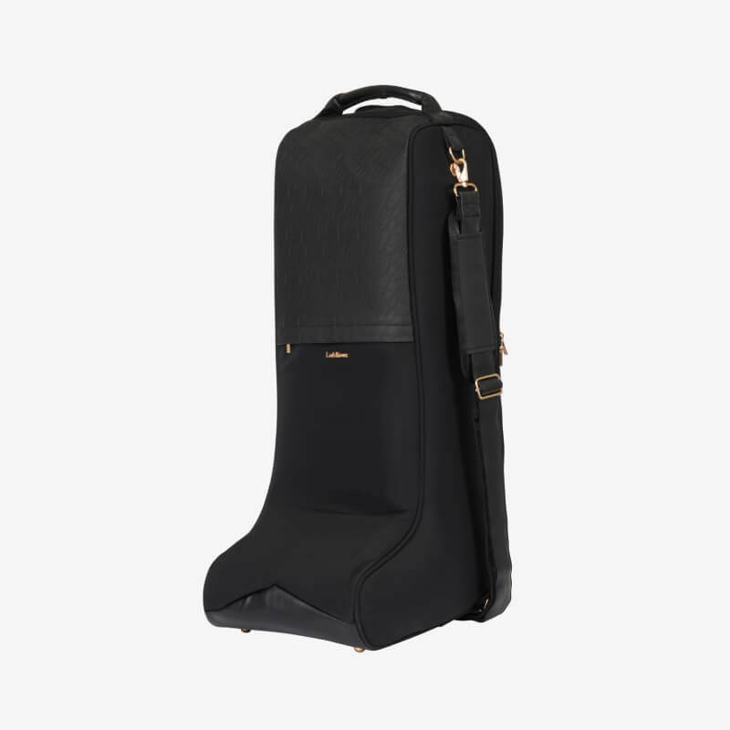 LeMieux Luxe Boot Bag Black with handle, shoulder strap, and quilted faux fur lining.