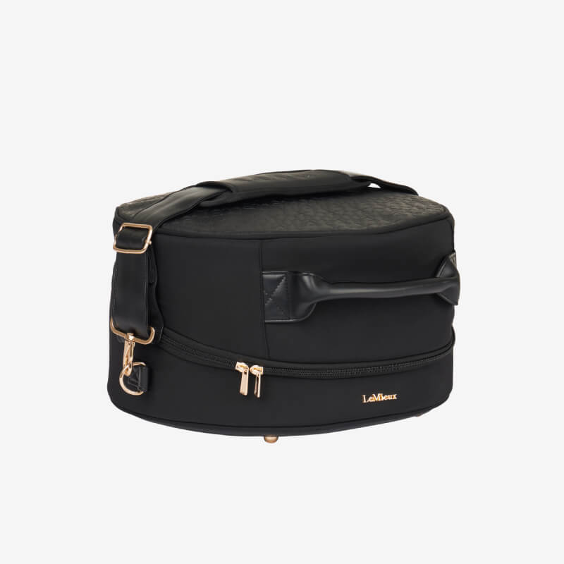 LeMieux Luxe Hat Box Black: Stylish round case with gold zippers, handle, and shoulder strap.