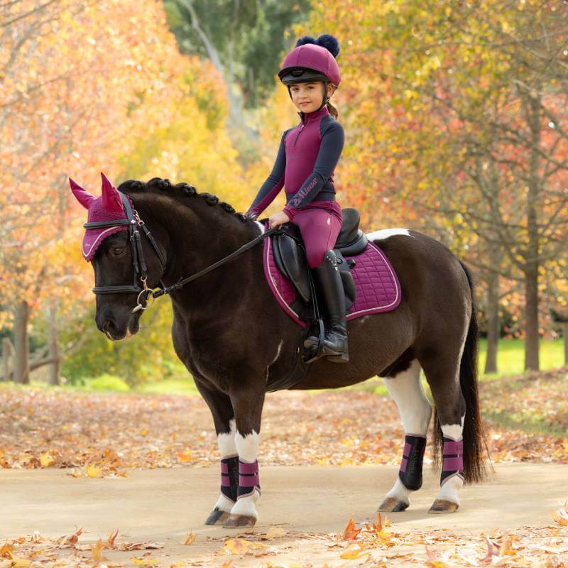 A young child in maroon rides a black horse with a LeMieux Suede Close Contact Square Blackberry.