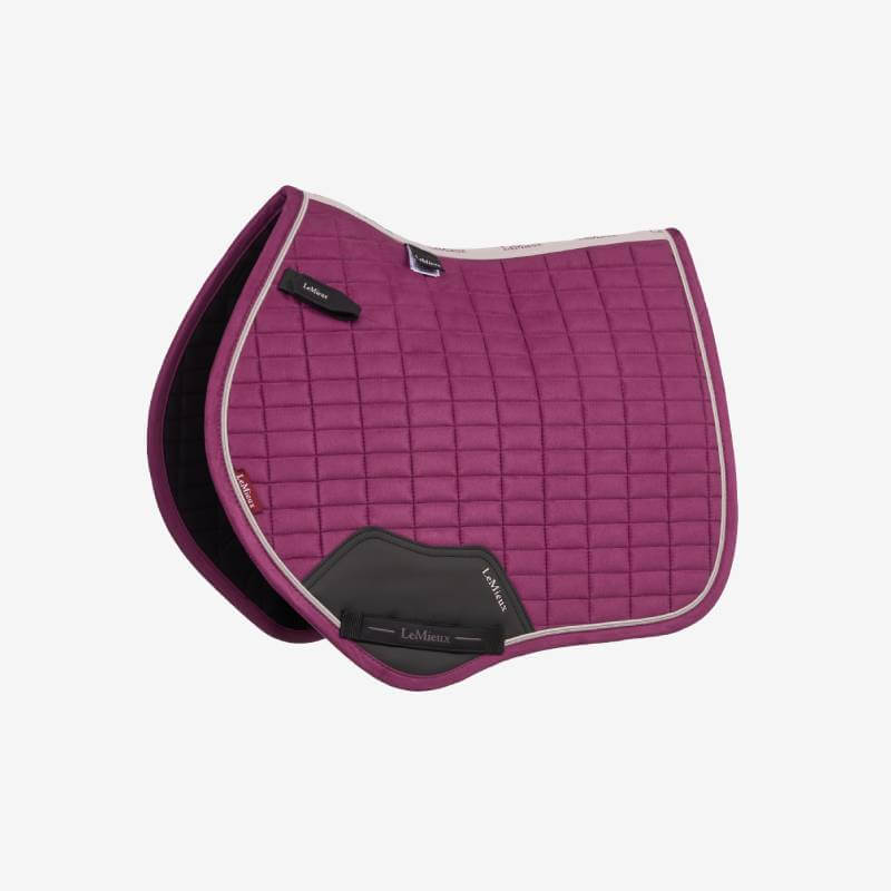 LeMieux Suede Close Contact Square Blackberry with grey reinforcements, bamboo-blend lining.