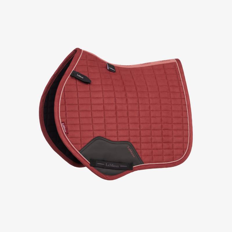 LeMieux Suede Close Contact Square Russet saddle pad with gray patch, lying flat.