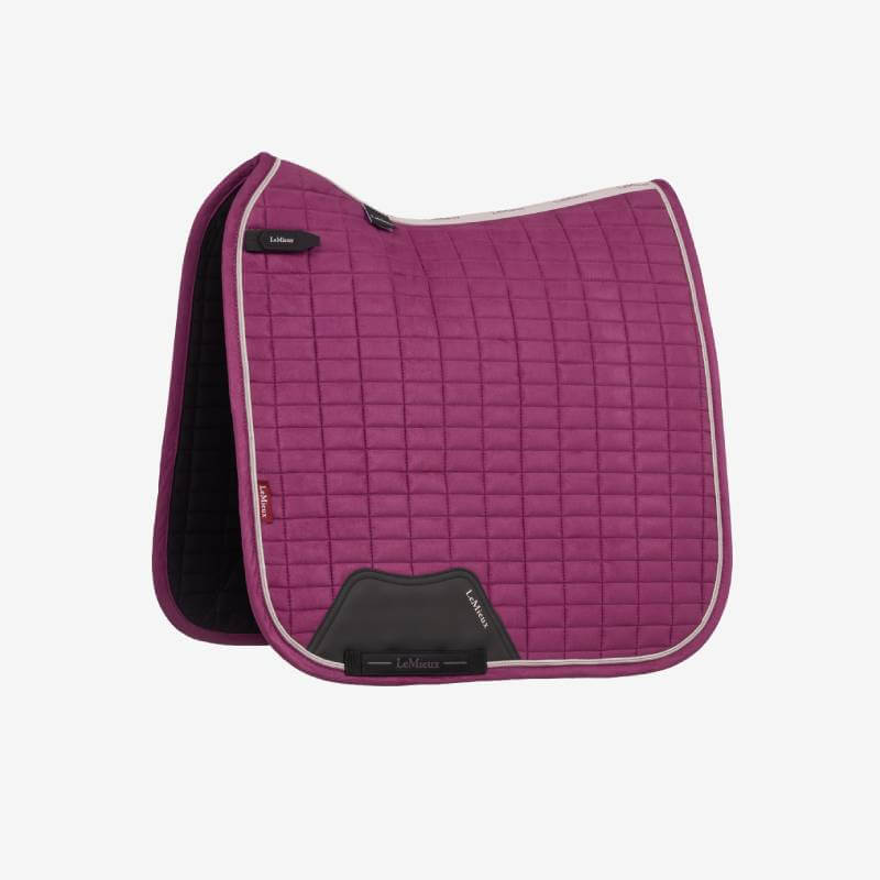 LeMieux Suede Dressage Square Blackberry with black and white trim on a plain background.
