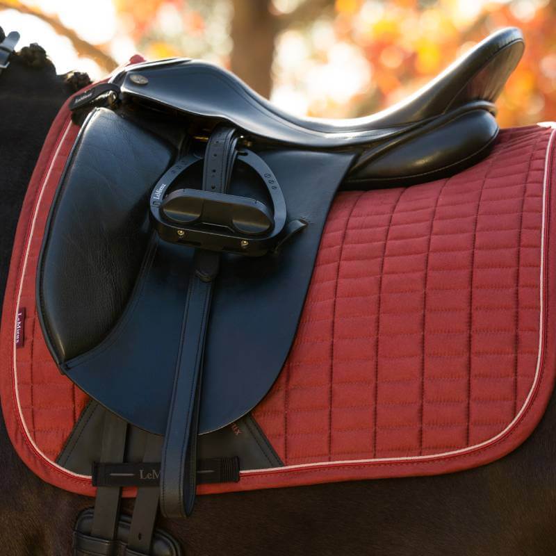 Black saddle on a LeMieux Suede Dressage Square Russet, horse framed by autumn leaves.