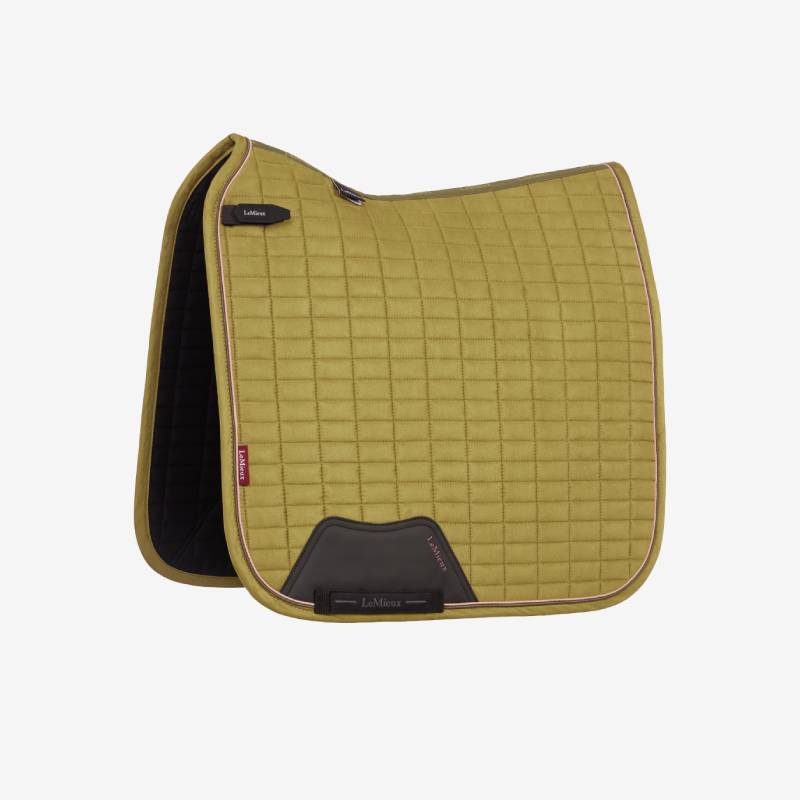 LeMieux Suede Dressage Square Gooseberry with black trim, brown patches, bamboo-blend lining.